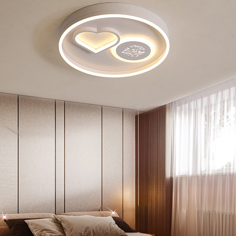 Modern Metal LED Round Flush Light in White/Brown for Living Room Ceiling - Warm/White Indoor Lighting