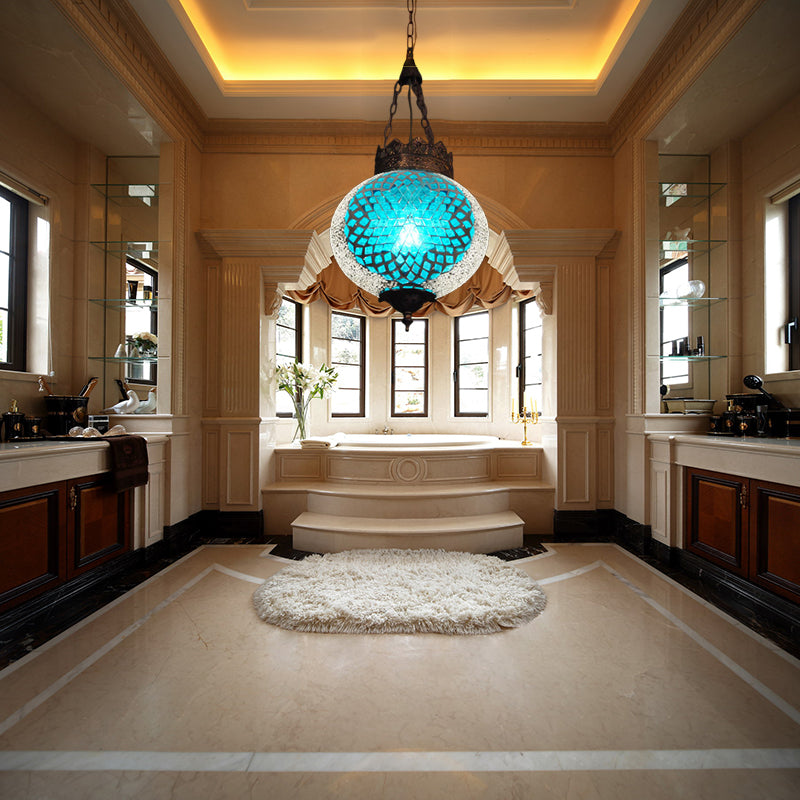 Turkish Handcrafted Art Glass Hanging Pendant Light Fixture - 1 Head Blue/Orange Red