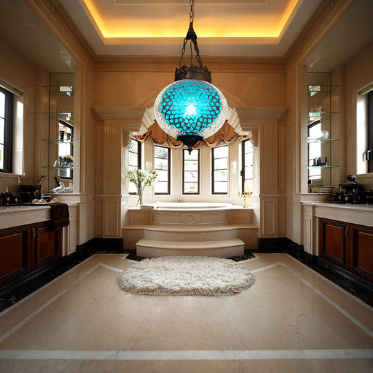 Turkish Handcrafted Art Glass Hanging Pendant Light Fixture - 1 Head Blue/Orange Red