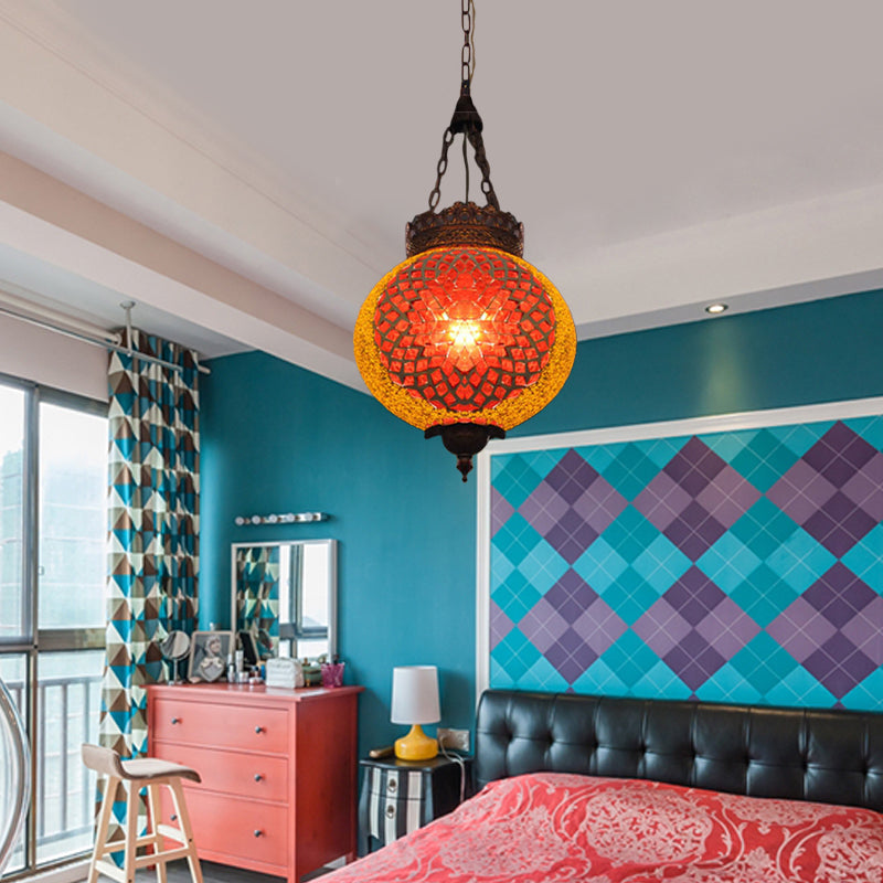 Turkish Handcrafted Art Glass Hanging Pendant Light Fixture - 1 Head Blue/Orange Red