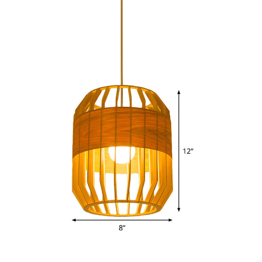 Japanese Laser Cut Hanging Light Wood Pendant With 1 Bulb In Beige - Ideal For Restaurants