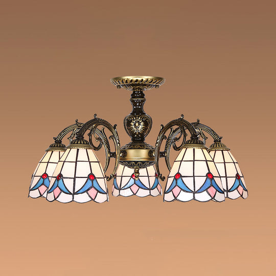 White Stained Glass Magnolia Ceiling Light - Lodge Style Chandelier With 3/5/6 Lights