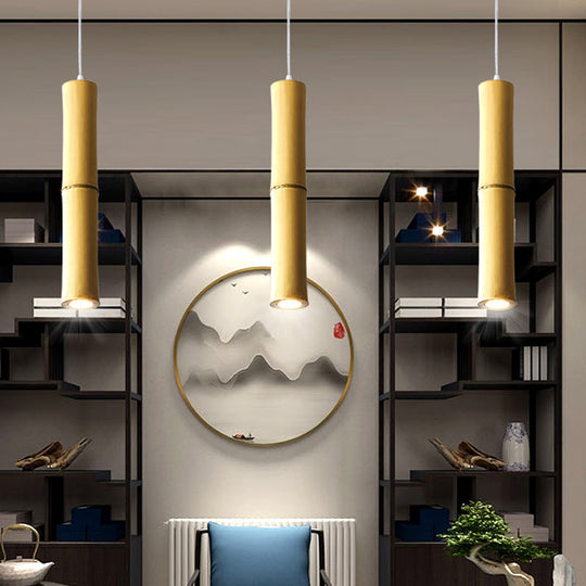 Modern Asian Wood Pendant Light With Resin Shade - Cylindrical Ceiling Lamp