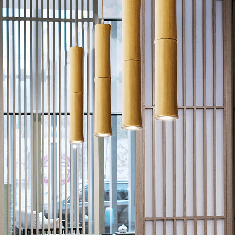 Modern Asian Wood Pendant Light With Resin Shade - Cylindrical Ceiling Lamp