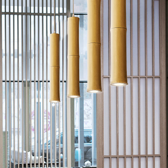 Modern Asian Wood Pendant Light With Resin Shade - Cylindrical Ceiling Lamp