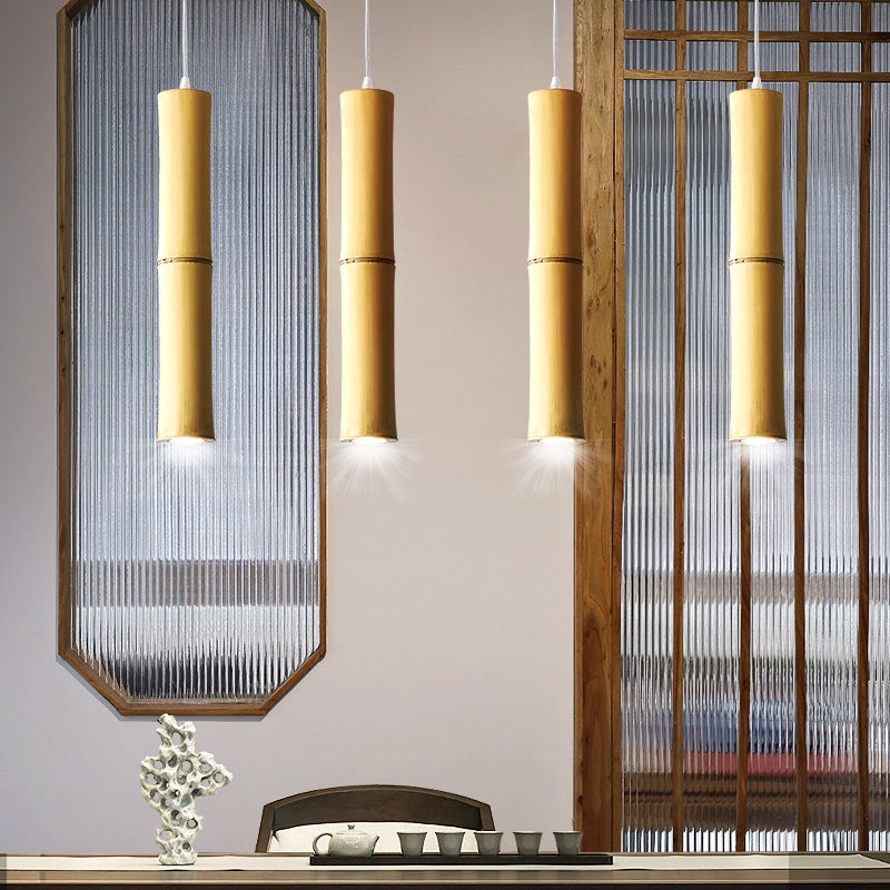 Modern Asian Wood Pendant Light With Resin Shade - Cylindrical Ceiling Lamp