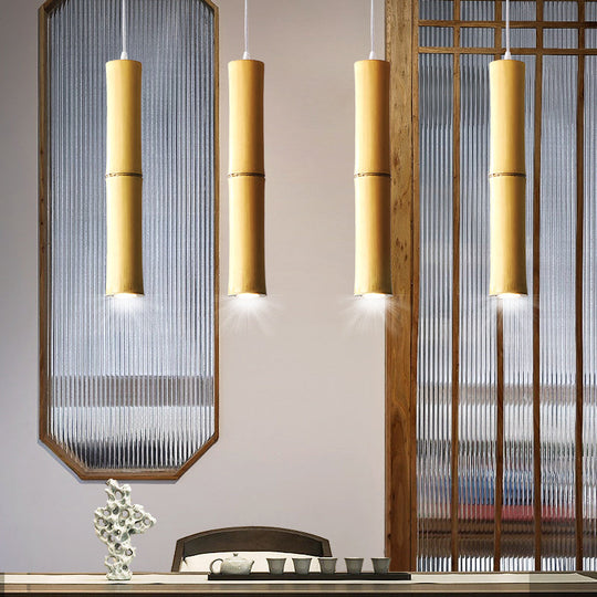 Modern Asian Wood Pendant Light With Resin Shade - Cylindrical Ceiling Lamp