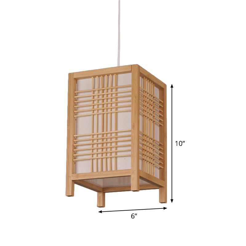 Rectangular Chinese Pendant Ceiling Light In Beige For Tearoom - Wood Finish 1-Bulb Hanging Design