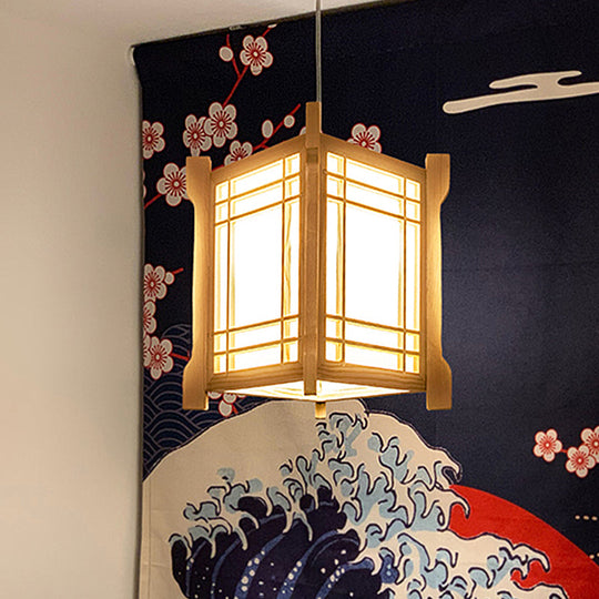 Chinese Wood Tower Pendant Light In Beige - Restaurant Hanging Lamp