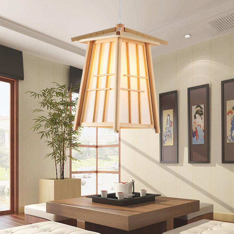 Japanese Style Beige Wood Ceiling Lamp For Restaurants - Tower Pendant Lighting
