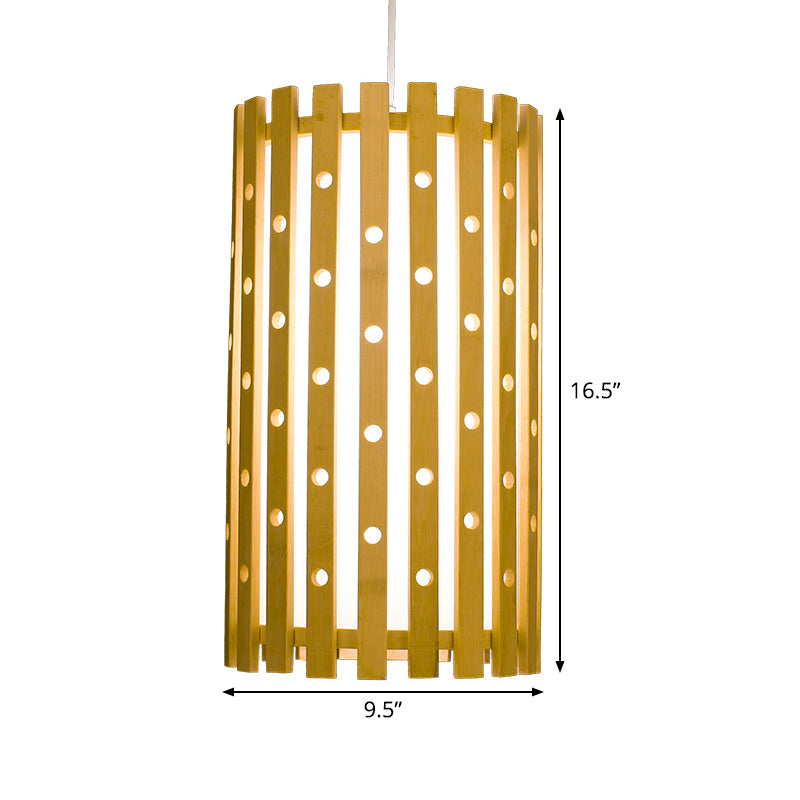 Cylindrical Pendant Lighting: Japanese Wood Hanging Light Fixture Beige 1 Bulb