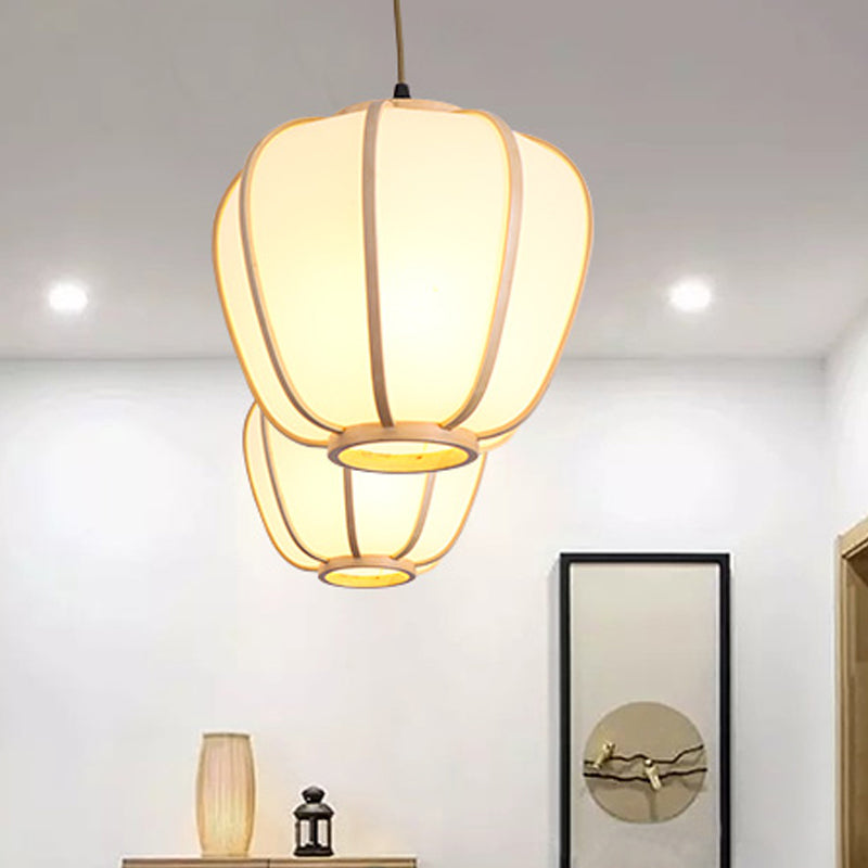 Asian Beige Hanging Pendant Light With Lantern Wood Shade For Restaurants