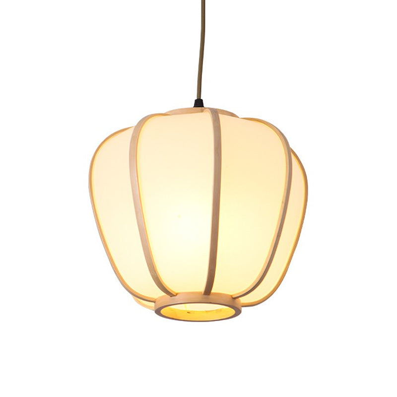 Asian Beige Hanging Pendant Light With Lantern Wood Shade For Restaurants