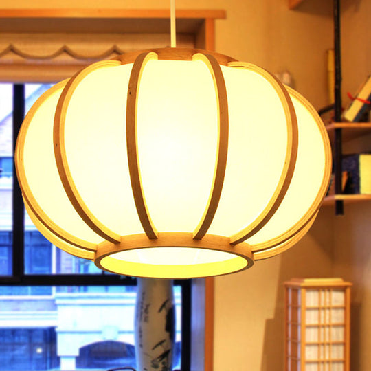 Japanese Style Wood Pumpkin Ceiling Light - Beige Suspended Fixture For Bedroom