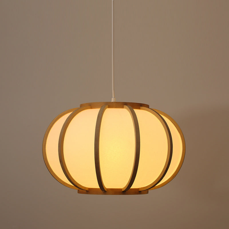 Japanese Style Wood Pumpkin Ceiling Light - Beige Suspended Fixture For Bedroom