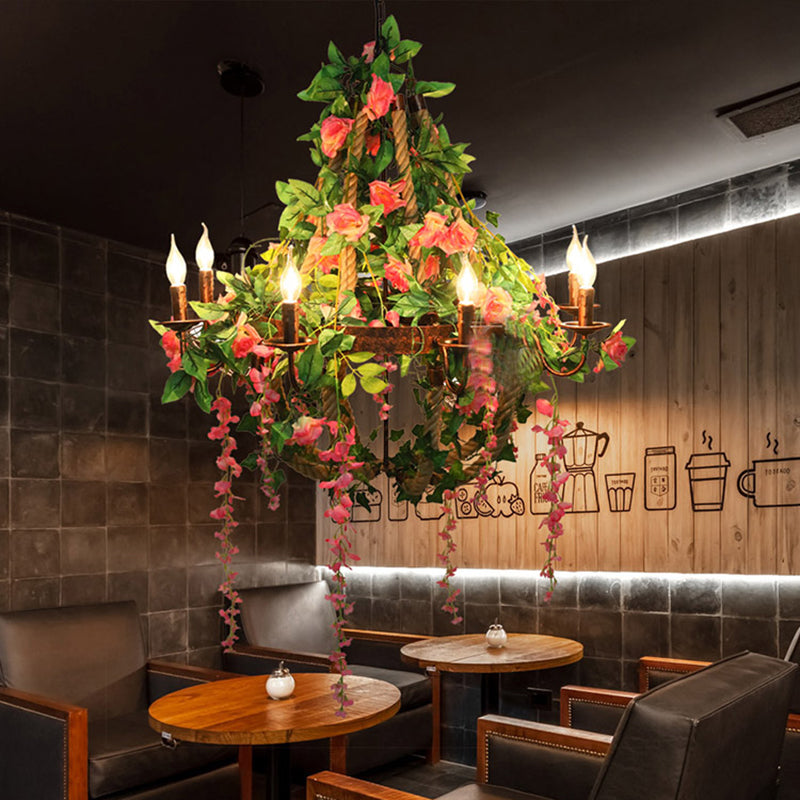 Rose Chandelier LED Rust Hanging Light, Industrial Style, 6 Bulbs- Candle Restaurant