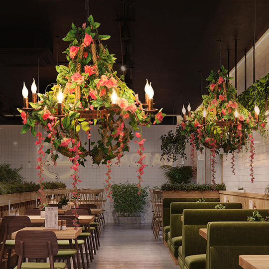 Rose Chandelier LED Rust Hanging Light, Industrial Style, 6 Bulbs- Candle Restaurant