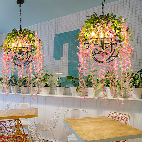 Lucy - Lustre suspendu rétro floral à 3 têtes en métal noir pour restaurant