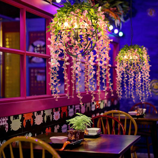 Lucy - Lustre suspendu rétro floral à 3 têtes en métal noir pour restaurant