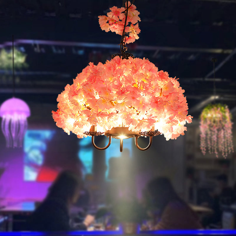 Daisy - Lustre 3 lumières rose - Lampe suspendue industrielle en métal rose avec décoration florale