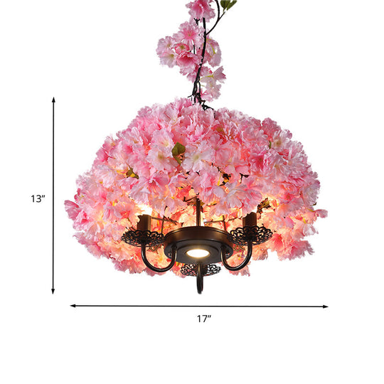 Daisy - Lustre 3 lumières rose - Lampe suspendue industrielle en métal rose avec décoration florale