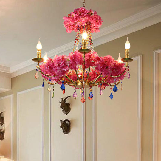 Matilde - Metal Metal Pink Flower Chandelier Lamp Candelabra 6 Bulbs Antique LED Hanging Ceiling Light with Dangling Crystal