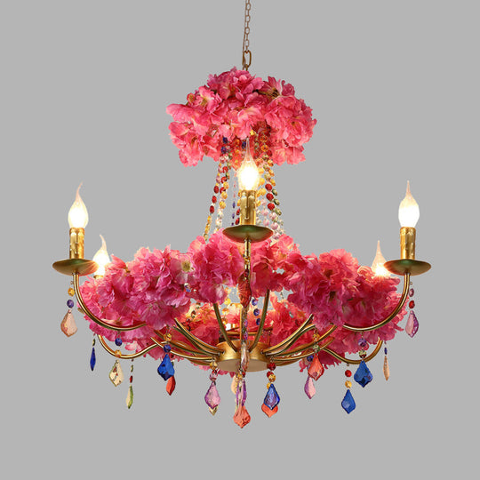 Matilde - Metal Metal Pink Flower Chandelier Lamp Candelabra 6 Bulbs Antique LED Hanging Ceiling Light with Dangling Crystal