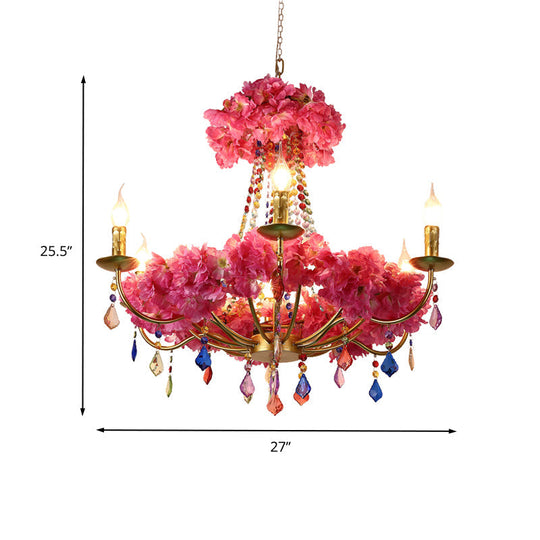 Matilde - Metal Metal Pink Flower Chandelier Lamp Candelabra 6 Bulbs Antique LED Hanging Ceiling Light with Dangling Crystal