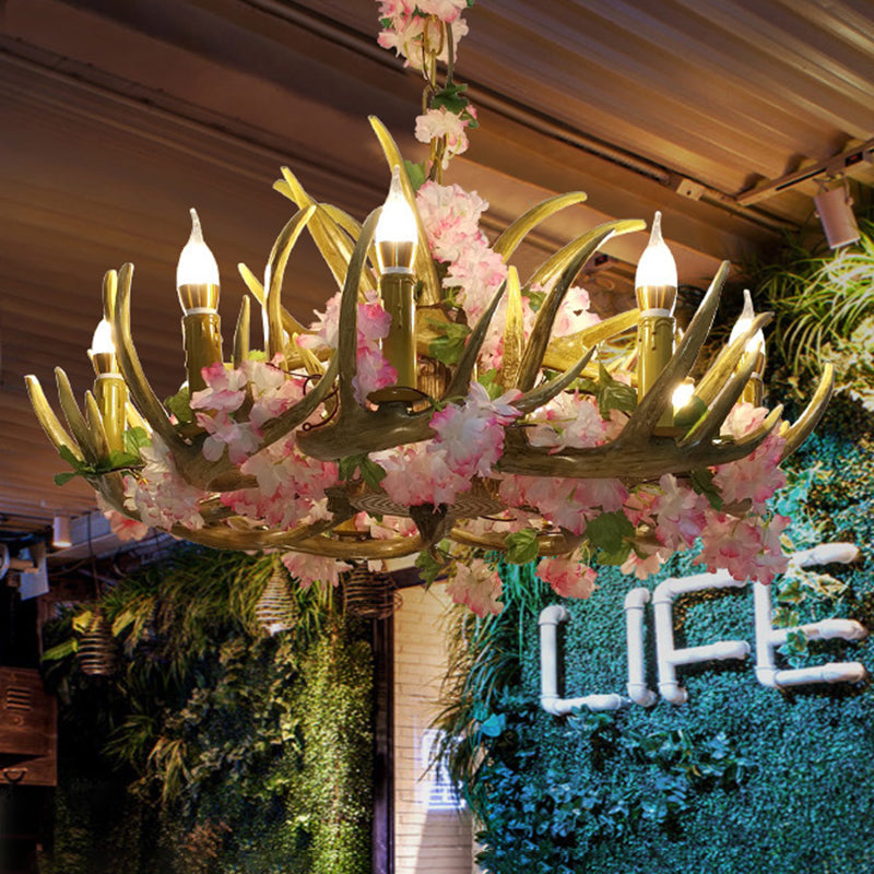 Faith - Lustre en résine avec bois de cerf en fleurs de cerisier rose et lumières LED