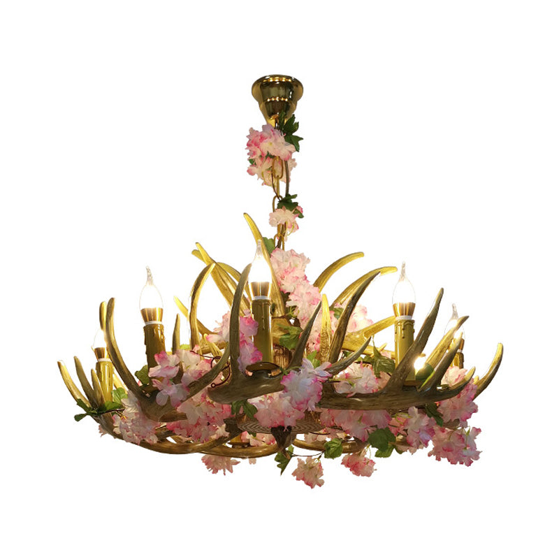 Faith - Lustre en résine avec bois de cerf en fleurs de cerisier rose et lumières LED