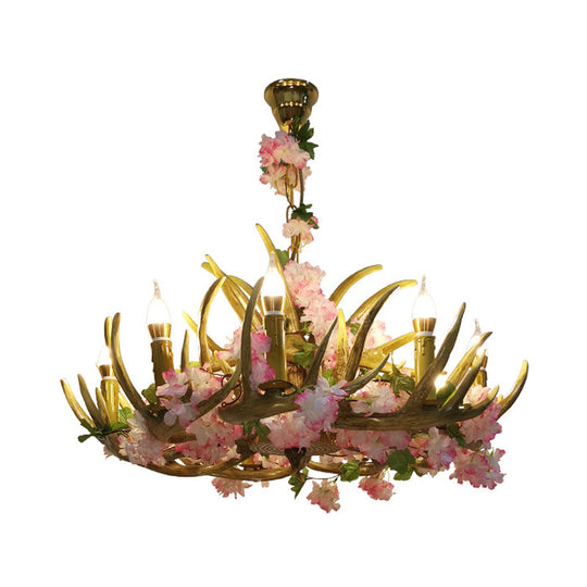 Faith - Lustre en résine avec bois de cerf en fleurs de cerisier rose et lumières LED