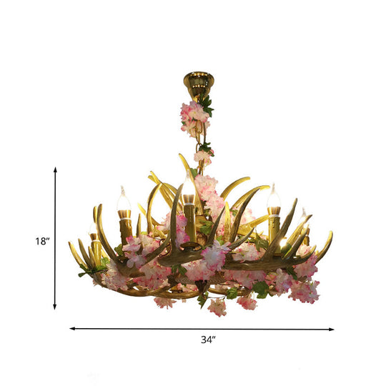 Faith - Lustre en résine avec bois de cerf en fleurs de cerisier rose et lumières LED