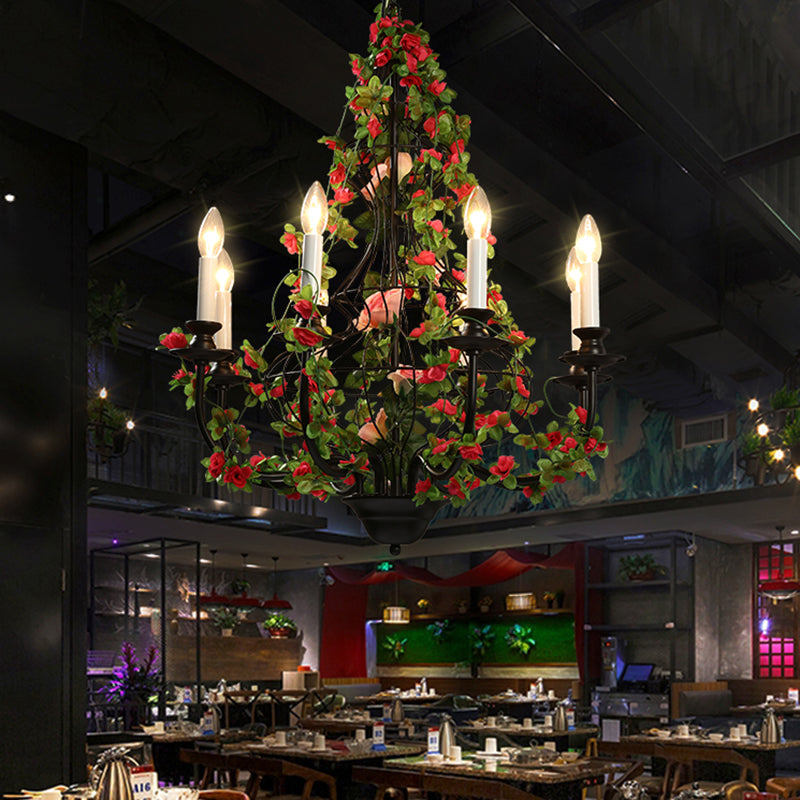 Lustre industriel en métal avec 8 lumières LED pour restaurant - Finition noire avec décor floral