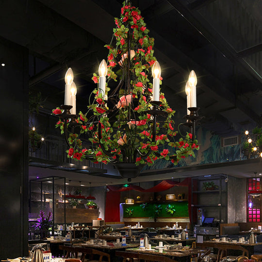 Lustre industriel en métal avec 8 lumières LED pour restaurant - Finition noire avec décor floral