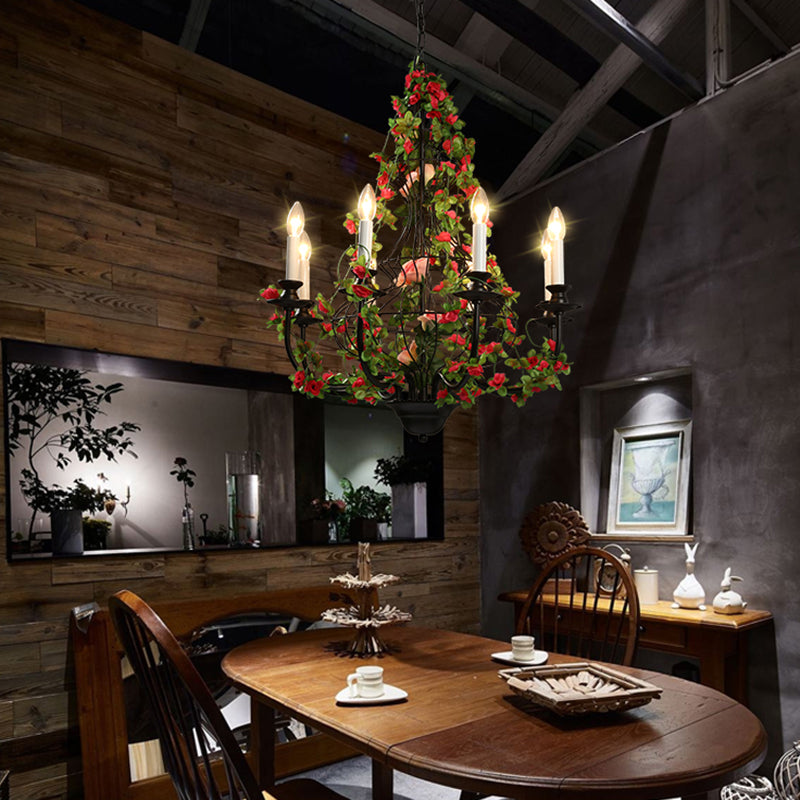 Lustre industriel en métal avec 8 lumières LED pour restaurant - Finition noire avec décor floral