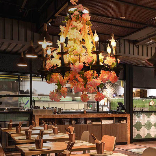 Lustre à bougie en métal rose antique - Lampe suspendue à 6 têtes à LED avec motif de fleurs de cerisier pour restaurants