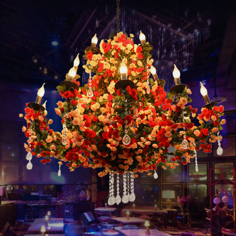 Nash - Red Candle Restaurant Flower Chandelier Light Industrial Metal 15 Bulbs Red LED Pendant Lighting with Crystal Accent
