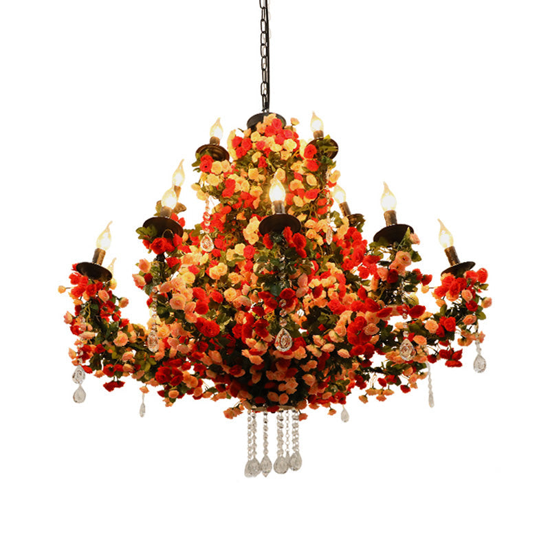 Nash - Red Candle Restaurant Flower Chandelier Light Industrial Metal 15 Bulbs Red LED Pendant Lighting with Crystal Accent