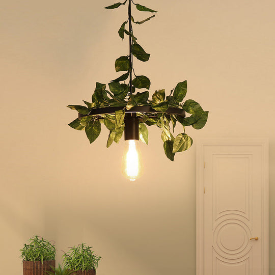 Bare Bulb Industrial Metal Pendant Light - Green Plant LED Hanging Lamp for Restaurants