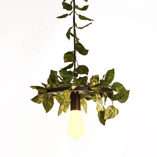 Bare Bulb Industrial Metal Pendant Light - Green Plant LED Hanging Lamp for Restaurants