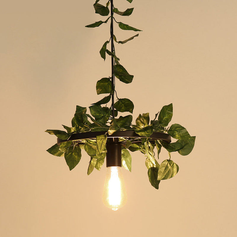 Bare Bulb Industrial Metal Pendant Light - Green Plant LED Hanging Lamp for Restaurants