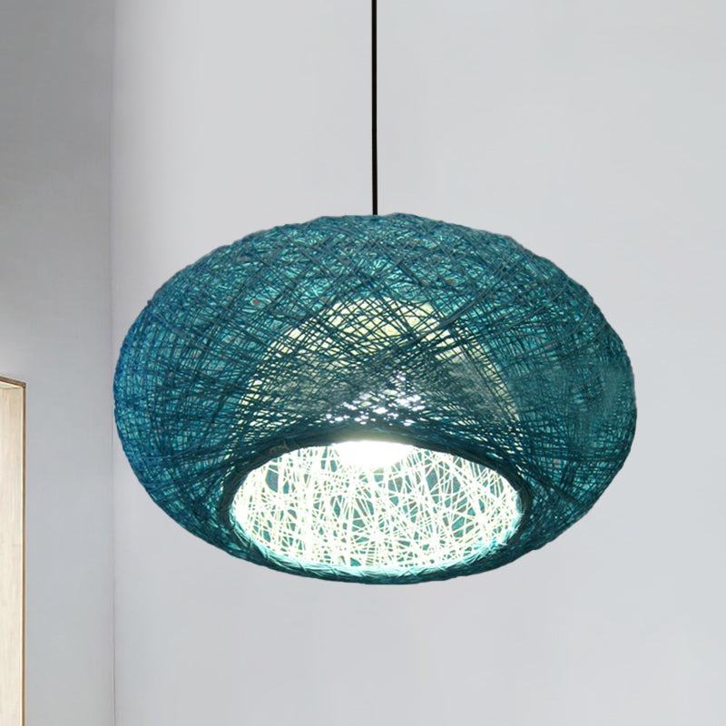 Blue Donut Asian Pendant Lamp With Rattan Shade - Ceiling Suspension Lighting