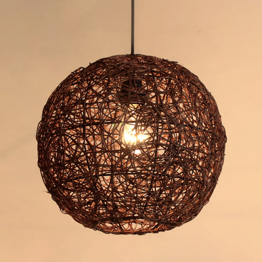 Rattan Pendant Lighting Fixture - Asian Inspired Globe Hanging Light For Bedroom 1 Bulb Coffee