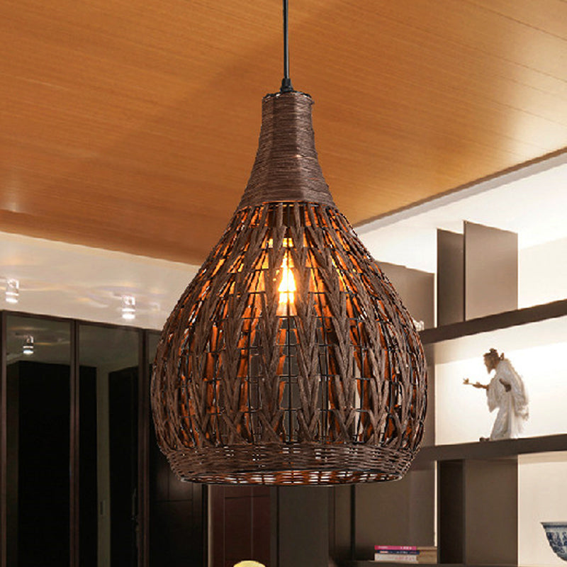 Asian Coffee Rattan Pendant Lamp With Jar Shade - Elegant Bedroom Ceiling Light