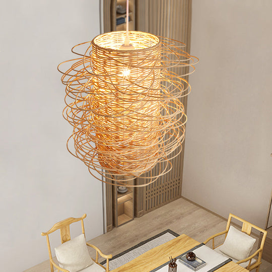 Japanese Rattan Pendant Light: Cylindrical 1-Head Ceiling Lamp In Beige