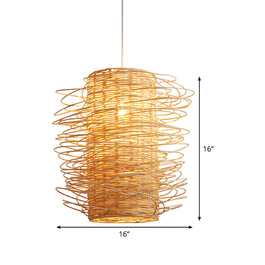 Japanese Rattan Pendant Light: Cylindrical 1-Head Ceiling Lamp In Beige