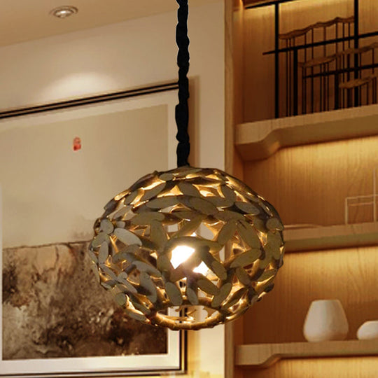Japanese Wood Pendant Lamp - Single Head Sphere Brown Hanging Light For Bedroom