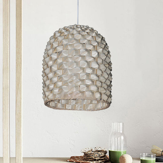 Elongated Bamboo Pendant Lamp With 1 Bulb - Beige Ceiling Suspension Lighting