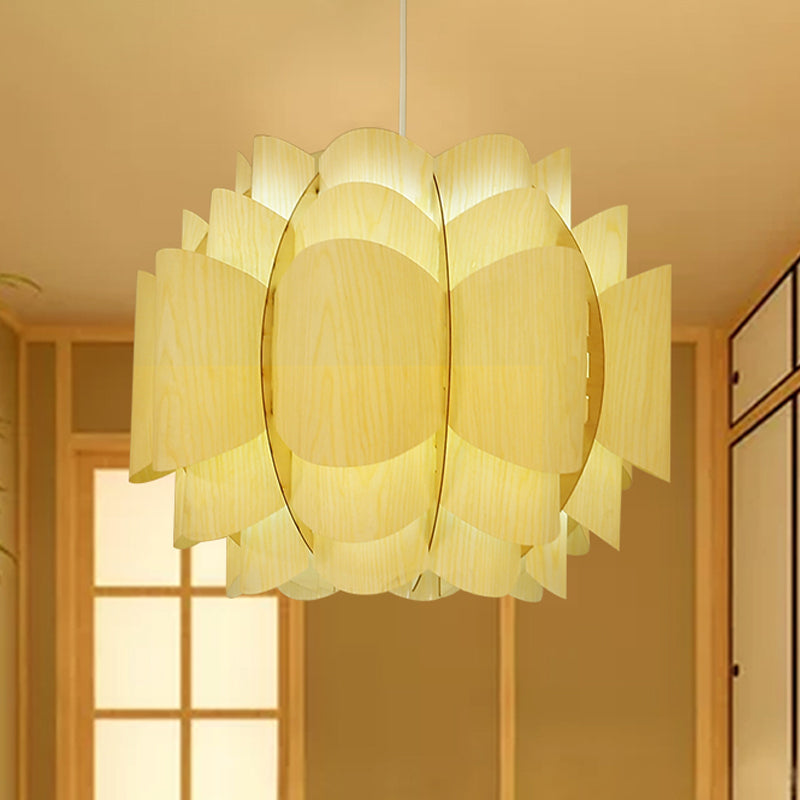 Beige Japanese Hanging Ceiling Light With Wood Shade - 1 Head Down Lighting Lantern