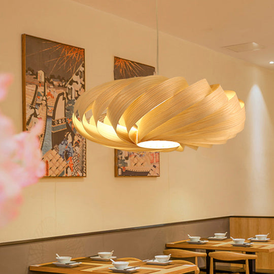 Japanese Swirl Wood Pendant Lighting - 1 Head Beige Ceiling Suspension Lamp For Restaurants